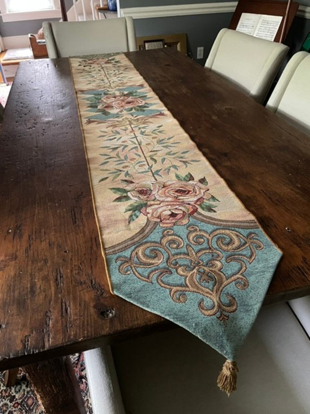 Floral Tapestry Table Runner Roses French Country 82" Tassels